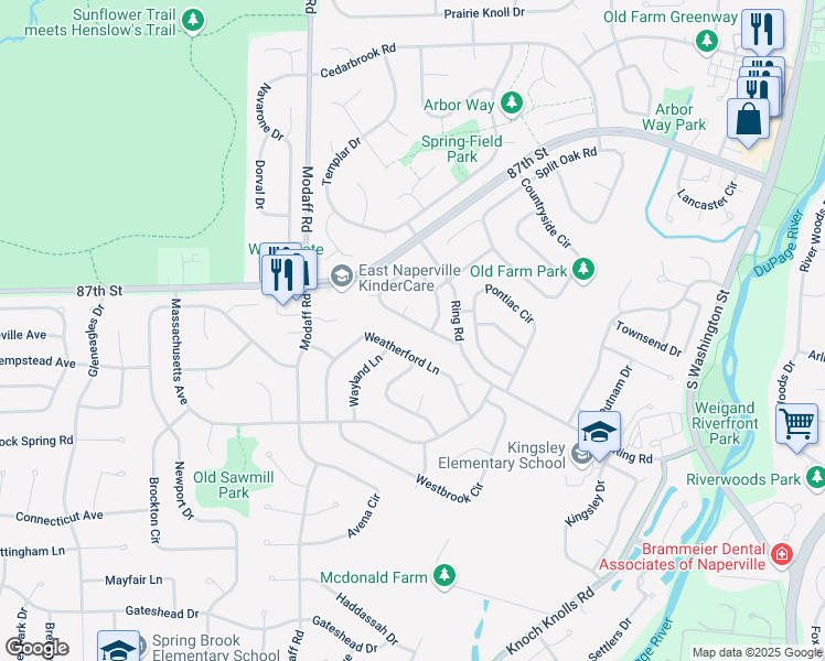 map of restaurants, bars, coffee shops, grocery stores, and more near 338 Meadow Green Drive in Naperville