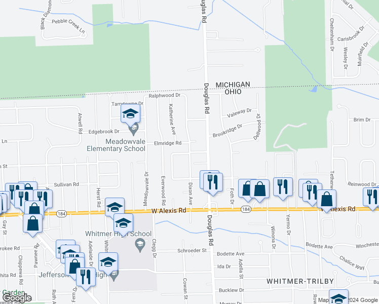 map of restaurants, bars, coffee shops, grocery stores, and more near 6001 Dixon Avenue in Toledo