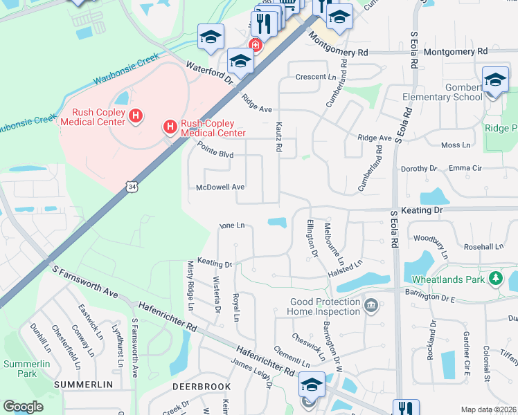 map of restaurants, bars, coffee shops, grocery stores, and more near 2183 Pointe Boulevard in Aurora