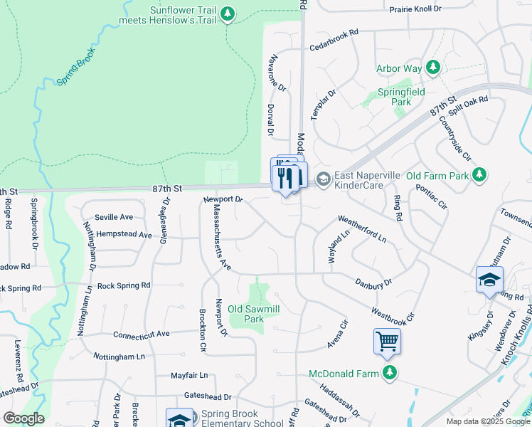map of restaurants, bars, coffee shops, grocery stores, and more near 447 Newport Drive in Naperville