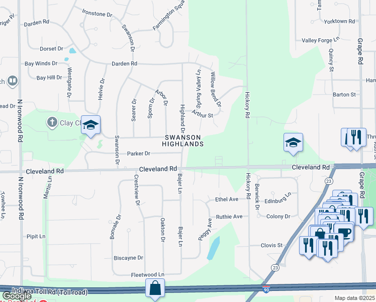 map of restaurants, bars, coffee shops, grocery stores, and more near 52899 Spring Mill Court in Granger