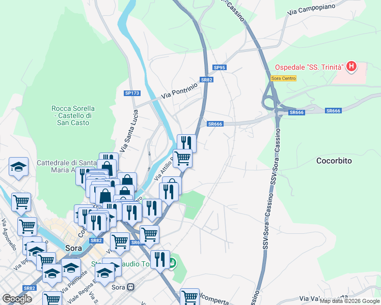 map of restaurants, bars, coffee shops, grocery stores, and more near 1323 Via Marsicana in Sora