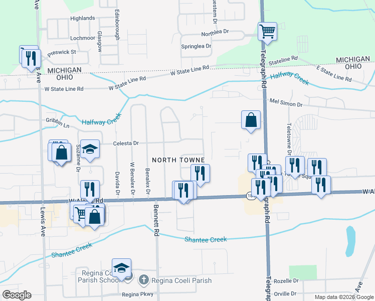 map of restaurants, bars, coffee shops, grocery stores, and more near 317 Celesta Drive in Toledo