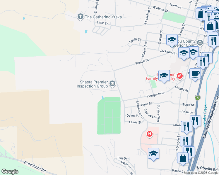 map of restaurants, bars, coffee shops, grocery stores, and more near 804 Maryhill Circle in Yreka