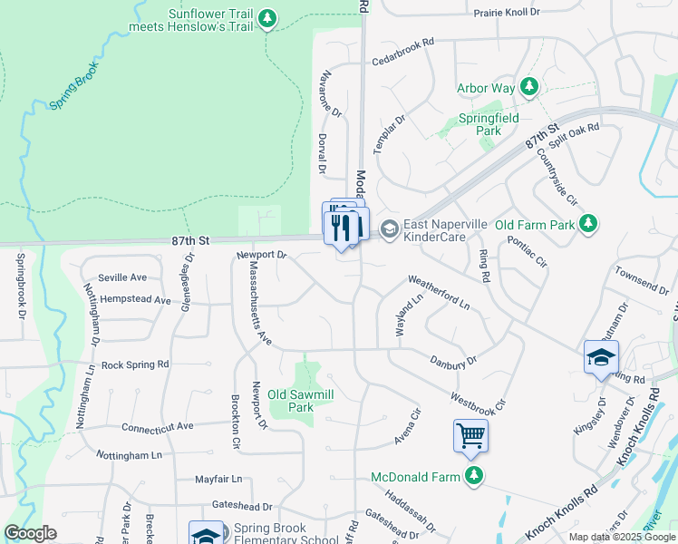map of restaurants, bars, coffee shops, grocery stores, and more near 413 Northampton Court in Naperville