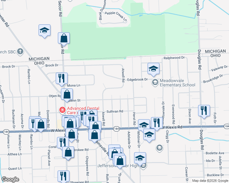map of restaurants, bars, coffee shops, grocery stores, and more near 6047 Atwell Road in Toledo