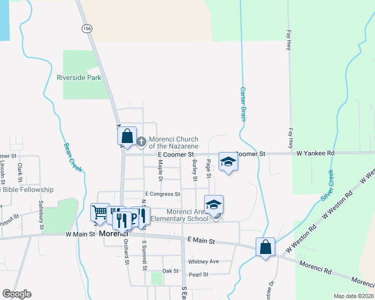 map of restaurants, bars, coffee shops, grocery stores, and more near 305 East Coomer Street in Morenci