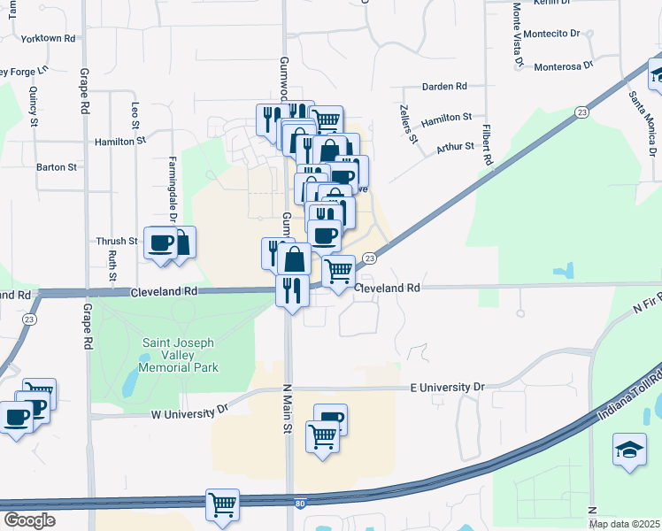 map of restaurants, bars, coffee shops, grocery stores, and more near 7115 Heritage Square Drive in Granger