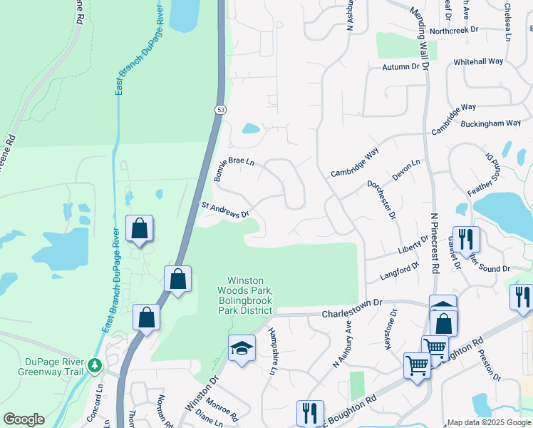 map of restaurants, bars, coffee shops, grocery stores, and more near 804 Bonnie Brae Court in Bolingbrook