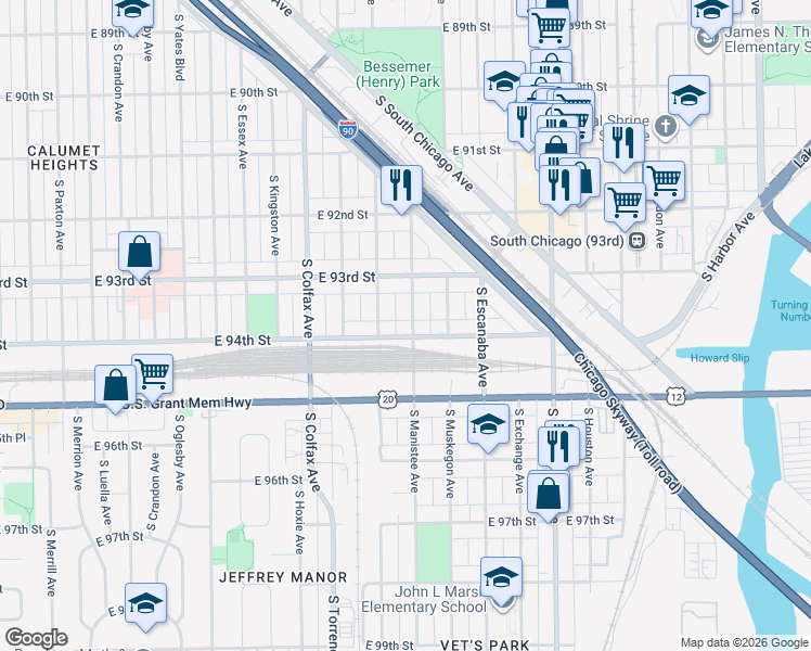 map of restaurants, bars, coffee shops, grocery stores, and more near 9350 South Manistee Avenue in Chicago