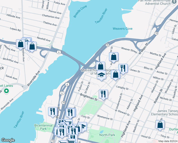 map of restaurants, bars, coffee shops, grocery stores, and more near 200 Fulton Street in Fall River