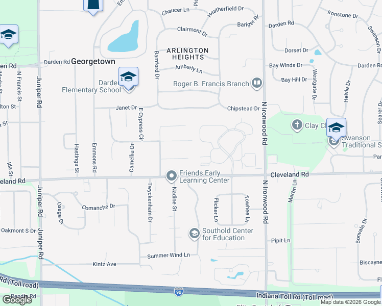 map of restaurants, bars, coffee shops, grocery stores, and more near 18250 Cypress Drive in South Bend