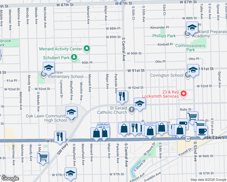 map of restaurants, bars, coffee shops, grocery stores, and more near 9140 Parkside Avenue in Oak Lawn