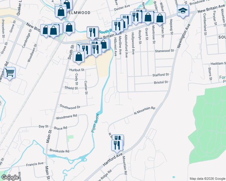 map of restaurants, bars, coffee shops, grocery stores, and more near 107 Hillcrest Avenue in West Hartford