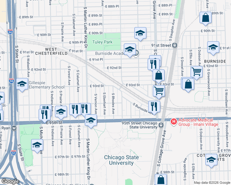 map of restaurants, bars, coffee shops, grocery stores, and more near 9300 South Burnside Avenue in Chicago