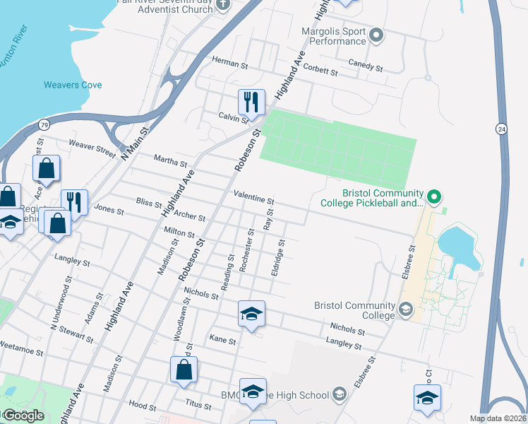 map of restaurants, bars, coffee shops, grocery stores, and more near 437 Valentine Street in Fall River