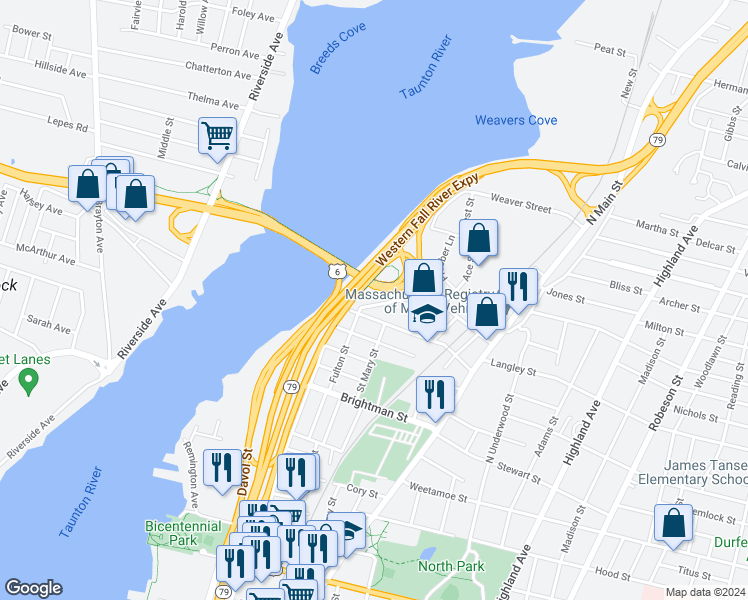 map of restaurants, bars, coffee shops, grocery stores, and more near 200 Fulton Street in Fall River