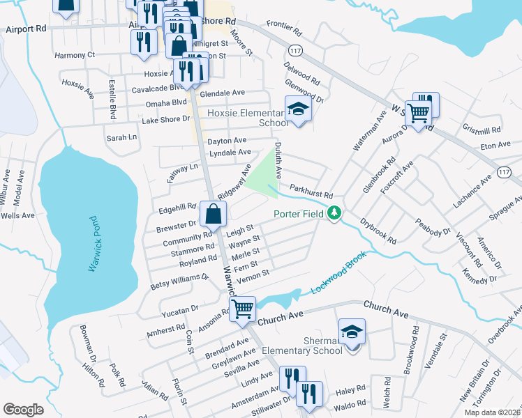 map of restaurants, bars, coffee shops, grocery stores, and more near 6 Woodstock Drive in Warwick
