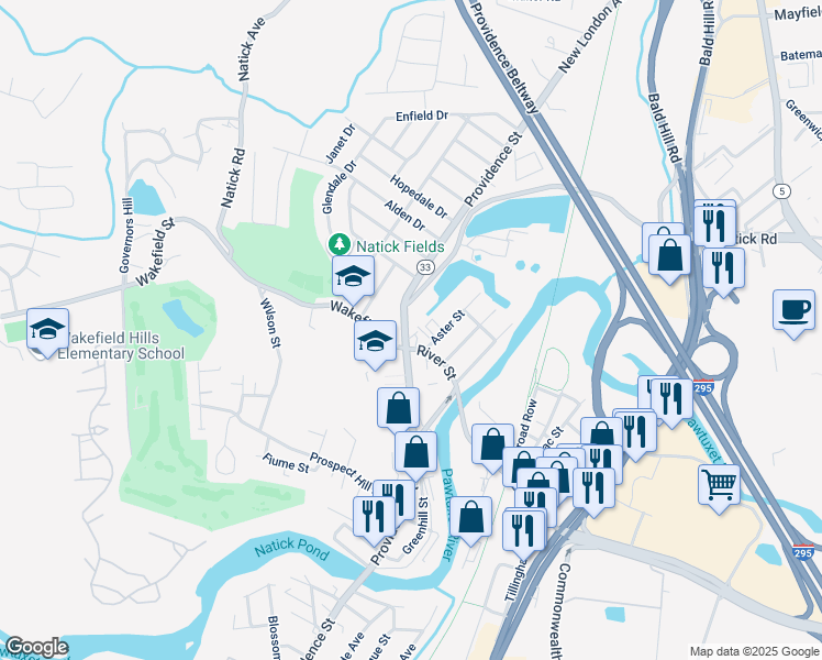 map of restaurants, bars, coffee shops, grocery stores, and more near 865 Providence Street in West Warwick