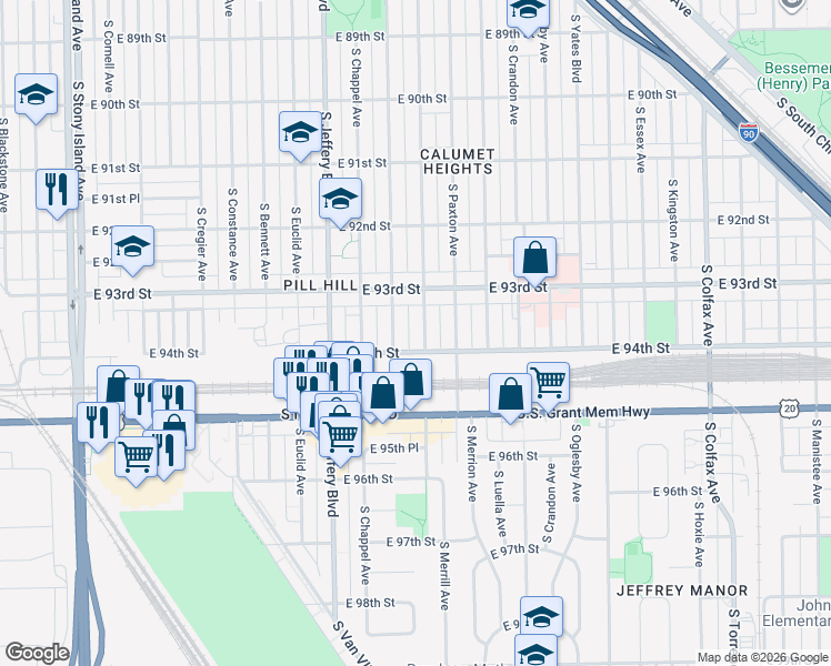 map of restaurants, bars, coffee shops, grocery stores, and more near 9319 South Merrill Avenue in Chicago