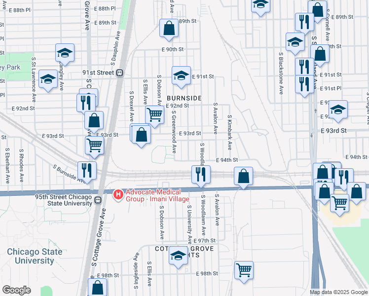 map of restaurants, bars, coffee shops, grocery stores, and more near 1107 East 93rd Street in Chicago
