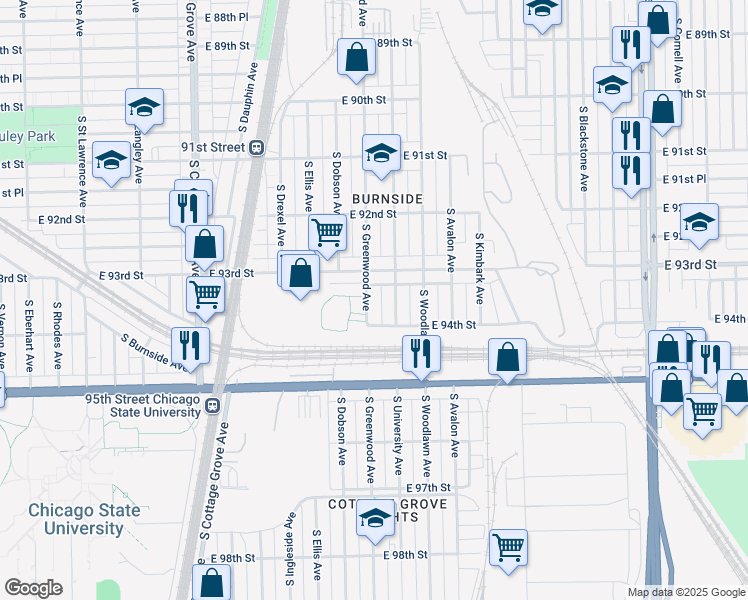 map of restaurants, bars, coffee shops, grocery stores, and more near 1107 East 93rd Street in Chicago