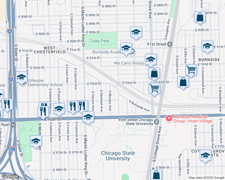 map of restaurants, bars, coffee shops, grocery stores, and more near 9300 South Burnside Avenue in Chicago