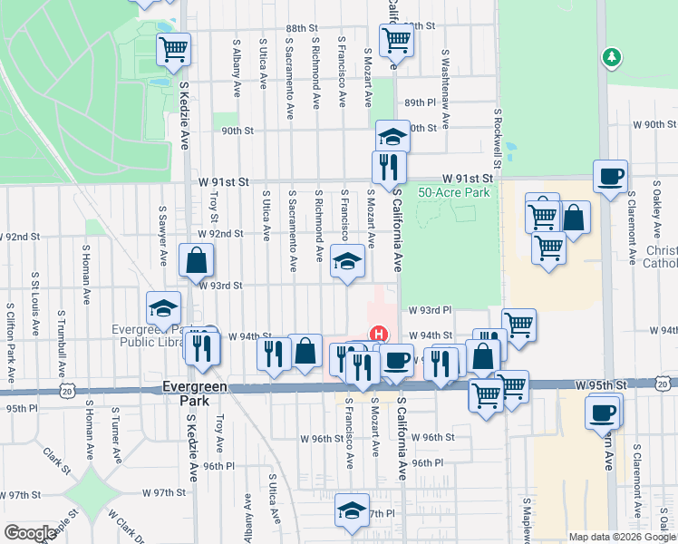 map of restaurants, bars, coffee shops, grocery stores, and more near 9219 South Francisco Avenue in Evergreen Park