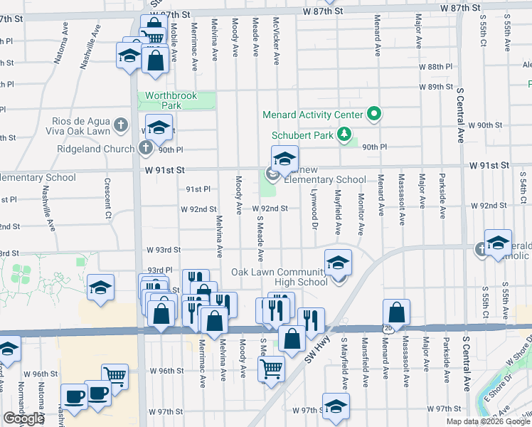 map of restaurants, bars, coffee shops, grocery stores, and more near 9133 Meade Avenue in Oak Lawn
