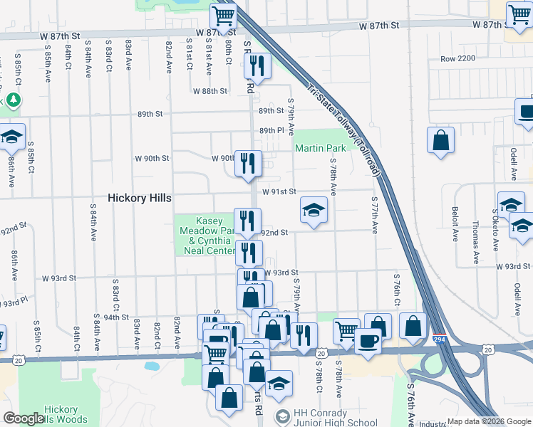 map of restaurants, bars, coffee shops, grocery stores, and more near 9105 South Roberts Road in Oak Lawn