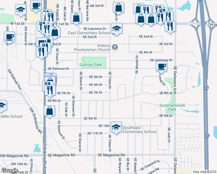 map of restaurants, bars, coffee shops, grocery stores, and more near 618 Southeast 6th Street in Ankeny
