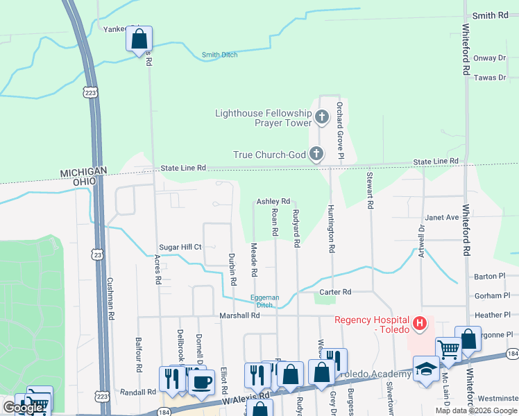 map of restaurants, bars, coffee shops, grocery stores, and more near 6070 Meade Road in Sylvania