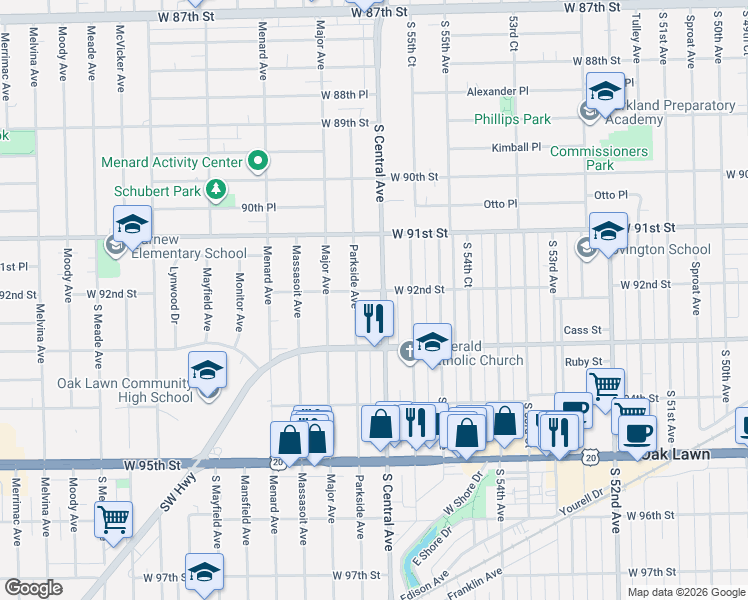 map of restaurants, bars, coffee shops, grocery stores, and more near 9146 Central Avenue in Oak Lawn
