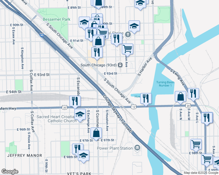map of restaurants, bars, coffee shops, grocery stores, and more near 9353 South South Chicago Avenue in Chicago