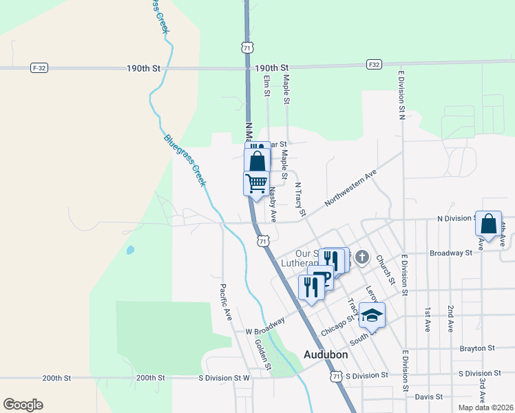 map of restaurants, bars, coffee shops, grocery stores, and more near 201 Walnut Street in Audubon
