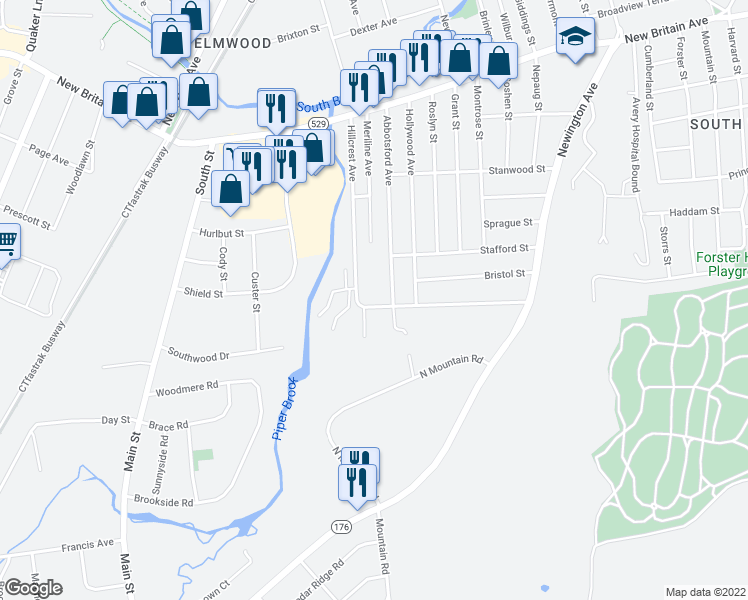 map of restaurants, bars, coffee shops, grocery stores, and more near 158 Hillcrest Avenue in West Hartford