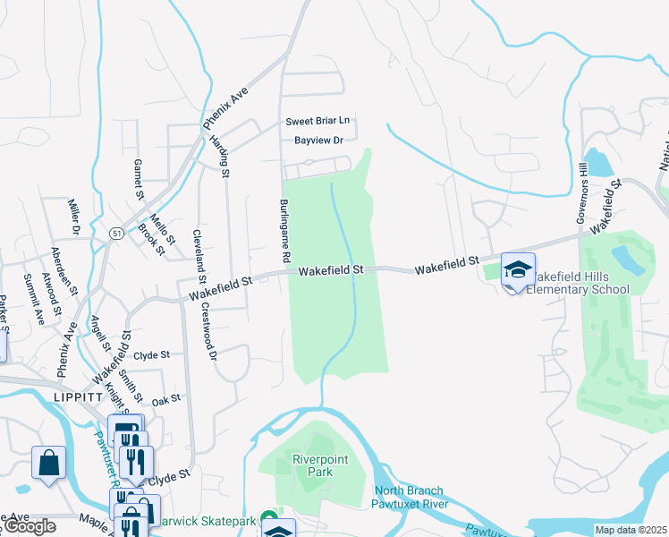 map of restaurants, bars, coffee shops, grocery stores, and more near 300 Wakefield Street in West Warwick