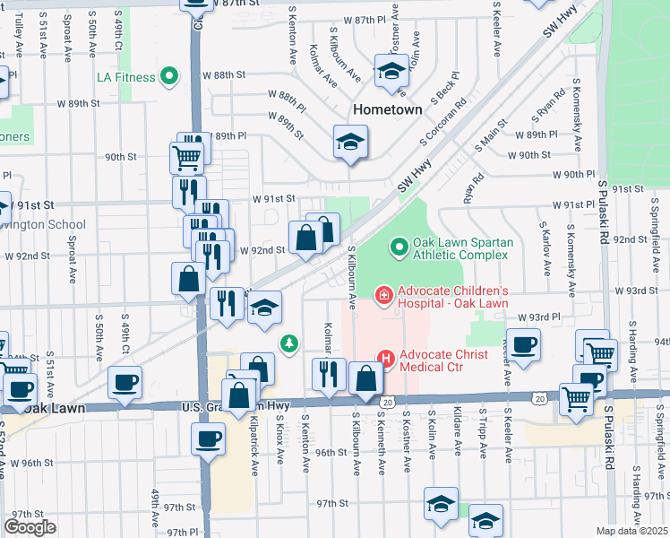 map of restaurants, bars, coffee shops, grocery stores, and more near 4535 Southwest Highway in Oak Lawn