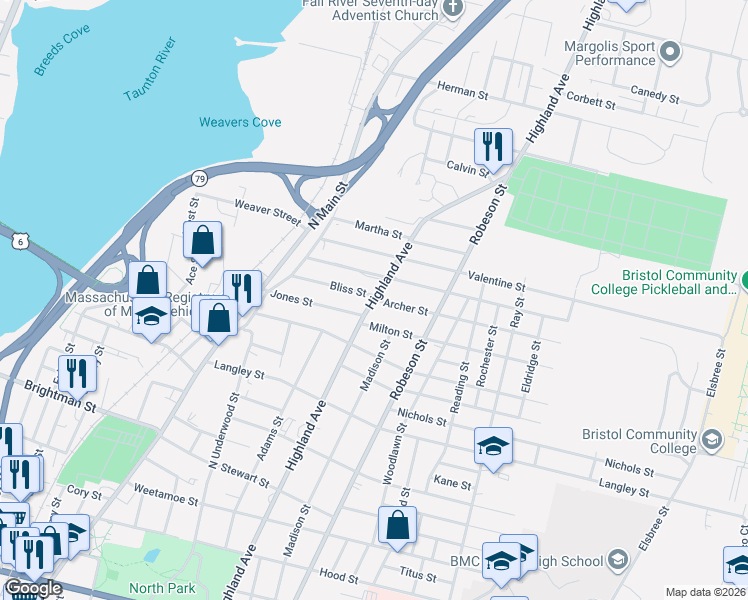 map of restaurants, bars, coffee shops, grocery stores, and more near 168 Bliss Street in Fall River