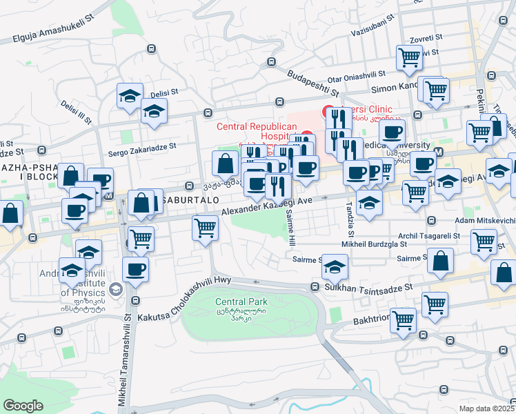 map of restaurants, bars, coffee shops, grocery stores, and more near Aleqsandre Kazbegi Avenue in Tbilisi