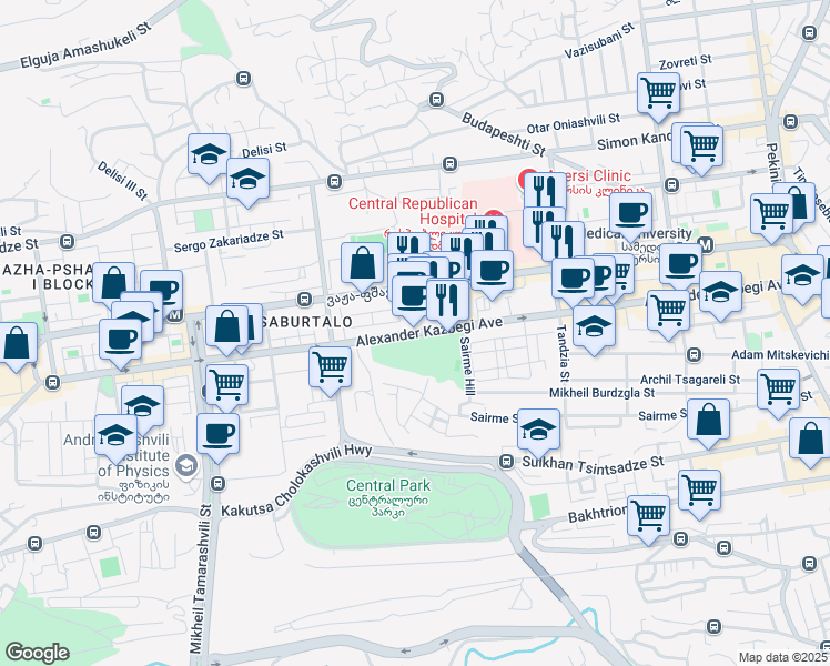 map of restaurants, bars, coffee shops, grocery stores, and more near 18 Alexander Kazbegi Avenue in Tbilisi