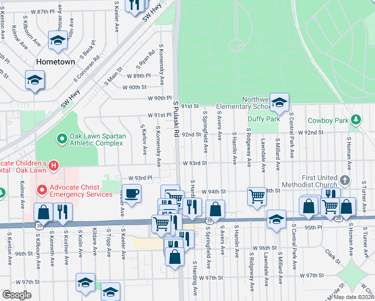map of restaurants, bars, coffee shops, grocery stores, and more near 9215 South Harding Avenue in Evergreen Park