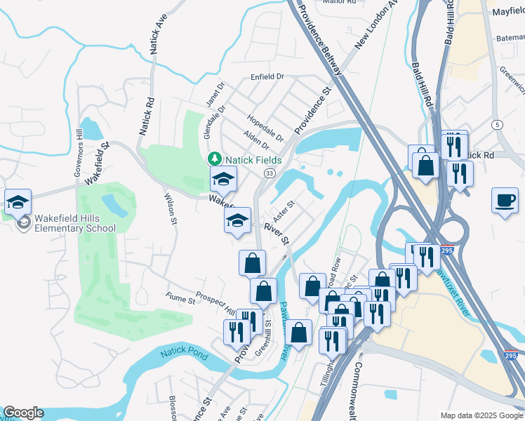 map of restaurants, bars, coffee shops, grocery stores, and more near 855 Providence Street in West Warwick