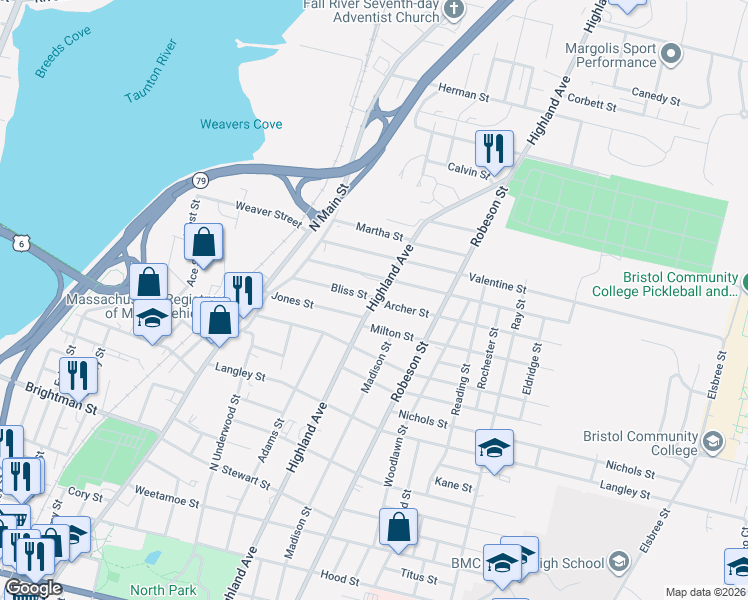 map of restaurants, bars, coffee shops, grocery stores, and more near 168 Bliss Street in Fall River