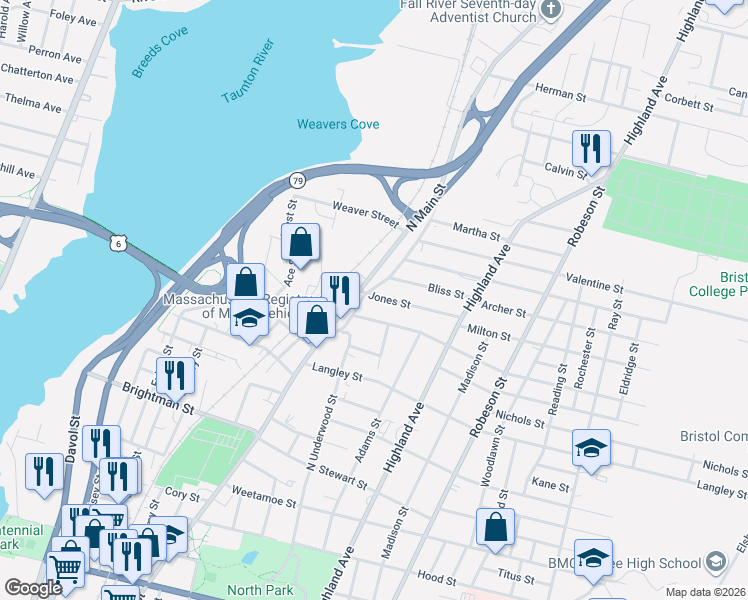 map of restaurants, bars, coffee shops, grocery stores, and more near 1928 North Main Street in Fall River