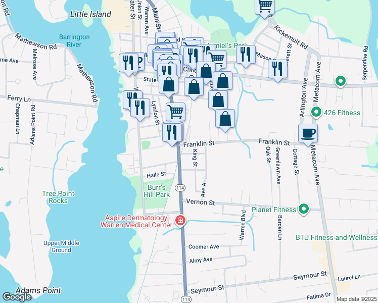 map of restaurants, bars, coffee shops, grocery stores, and more near 29 Franklin Street in Warren