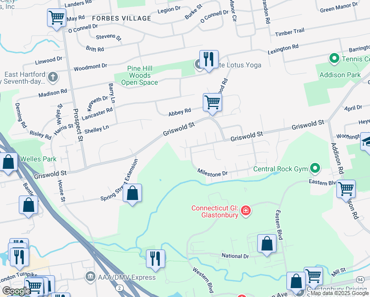 map of restaurants, bars, coffee shops, grocery stores, and more near 2 Boxwood Lane in Glastonbury
