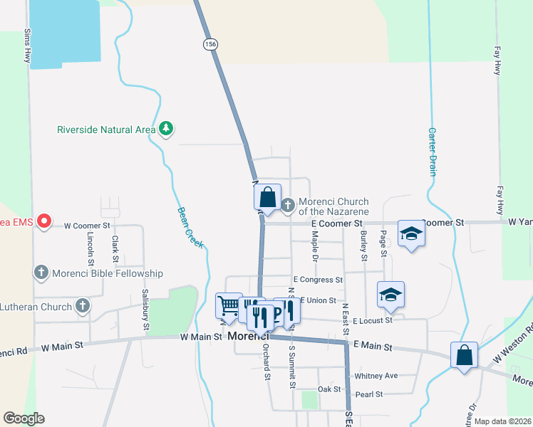 map of restaurants, bars, coffee shops, grocery stores, and more near 807 North Street in Morenci