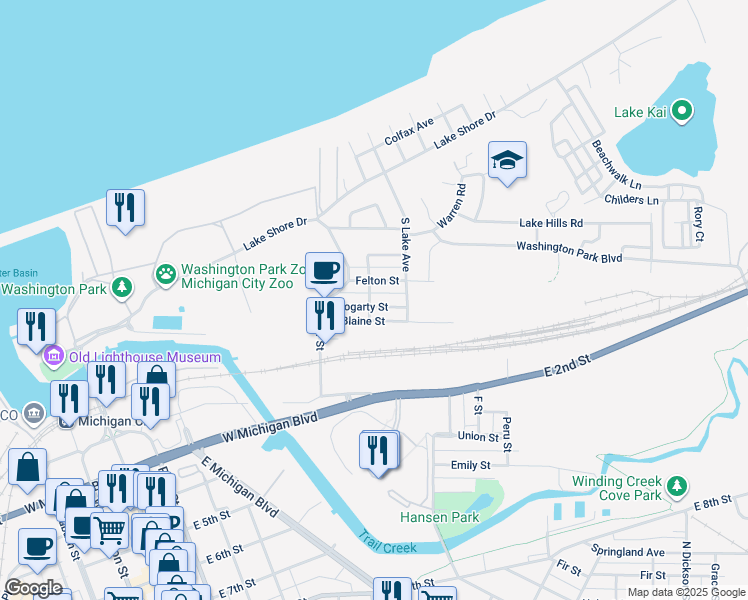 map of restaurants, bars, coffee shops, grocery stores, and more near 209 Felton Street in Michigan City