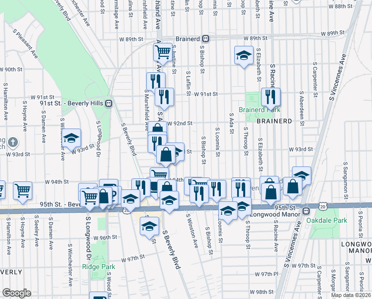 map of restaurants, bars, coffee shops, grocery stores, and more near 9241 South Laflin Street in Chicago